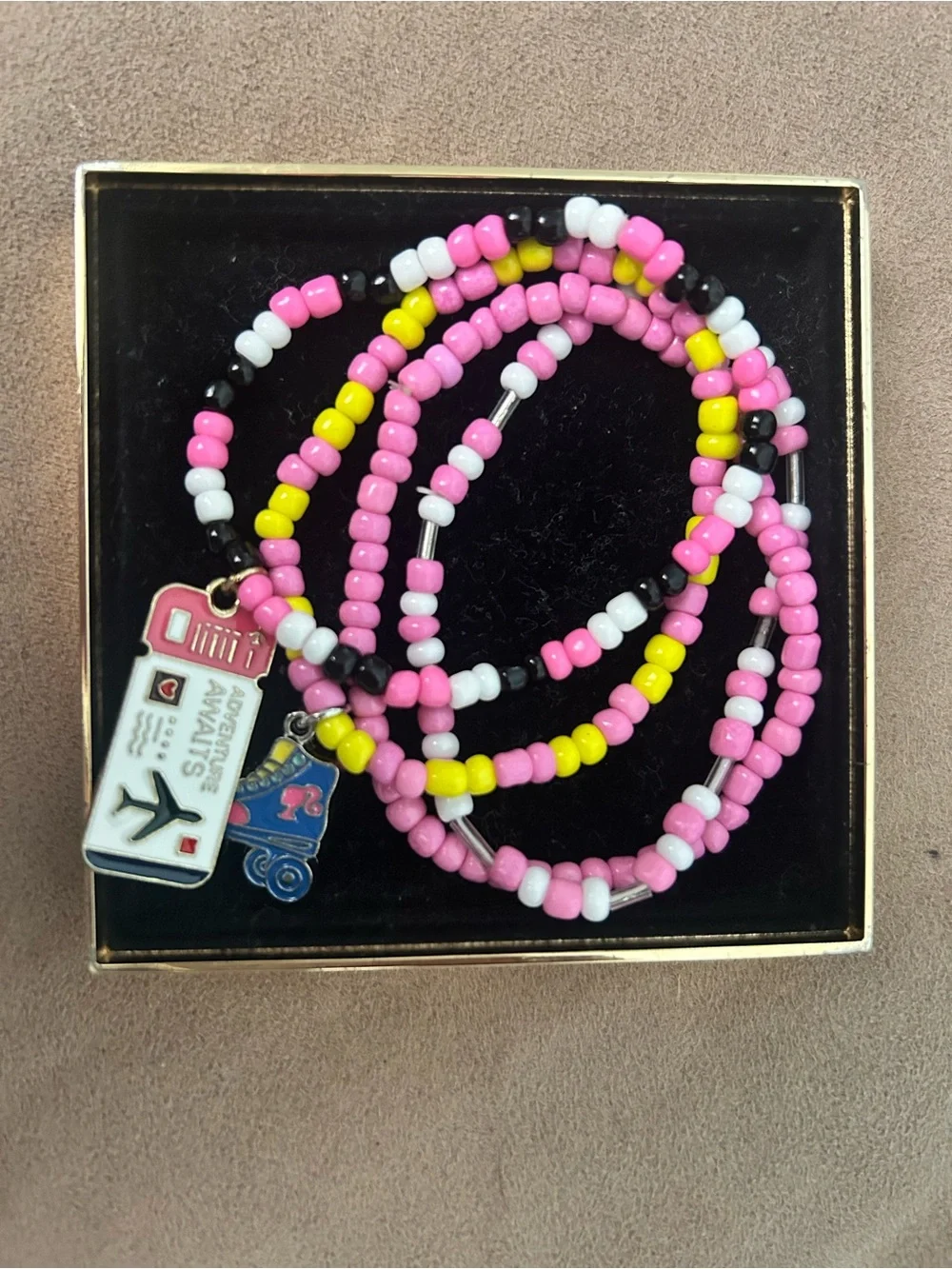 Pink Yellow Beaded Charm Bracelet Set with travel charm and skate charm